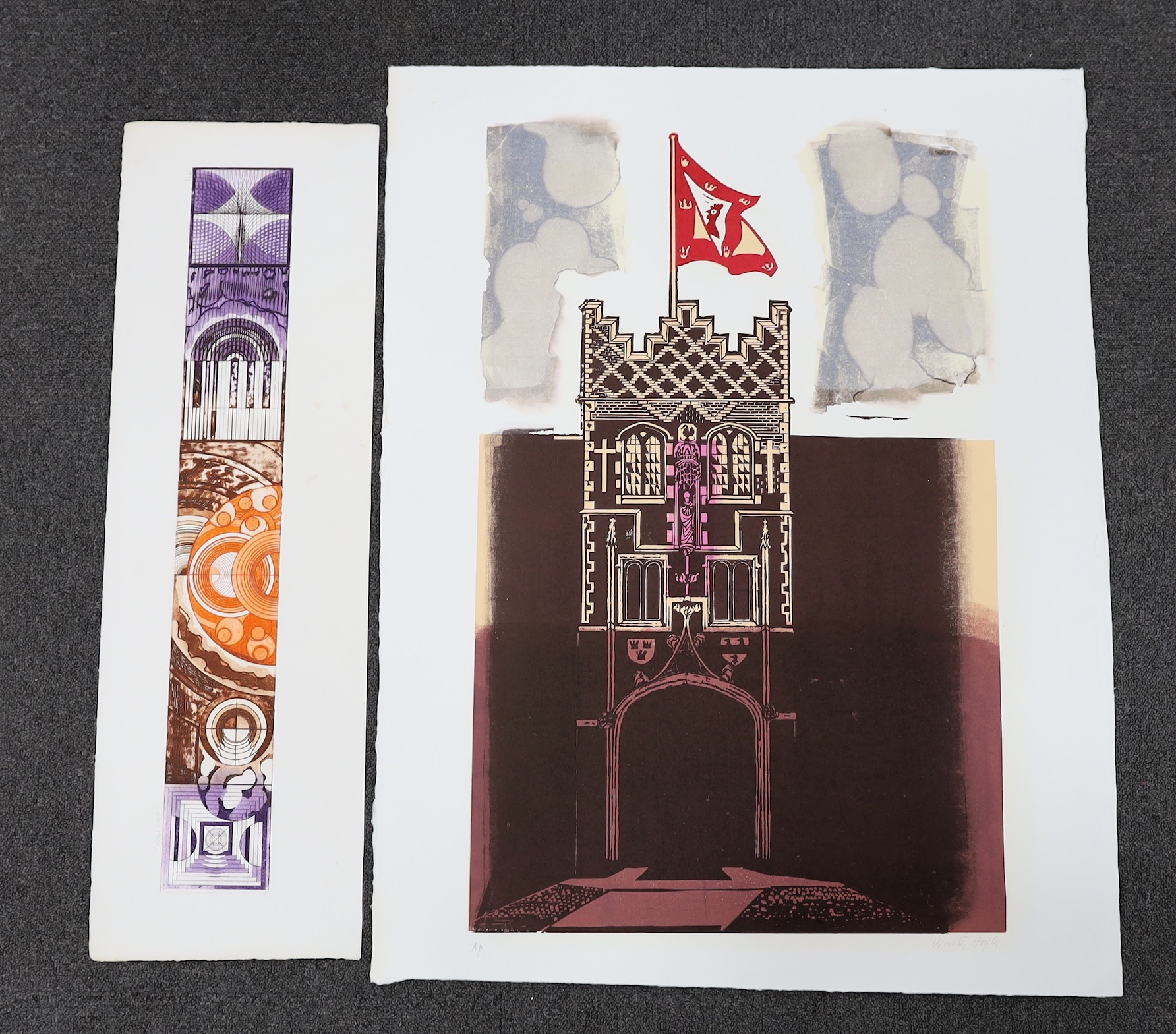 Walter Hoyle (1922-2009), two linocuts, Jesus College, Cambridge and Abstract designs, both signed and initialled AP, overall 87 x 68cm and 25 x 79cm